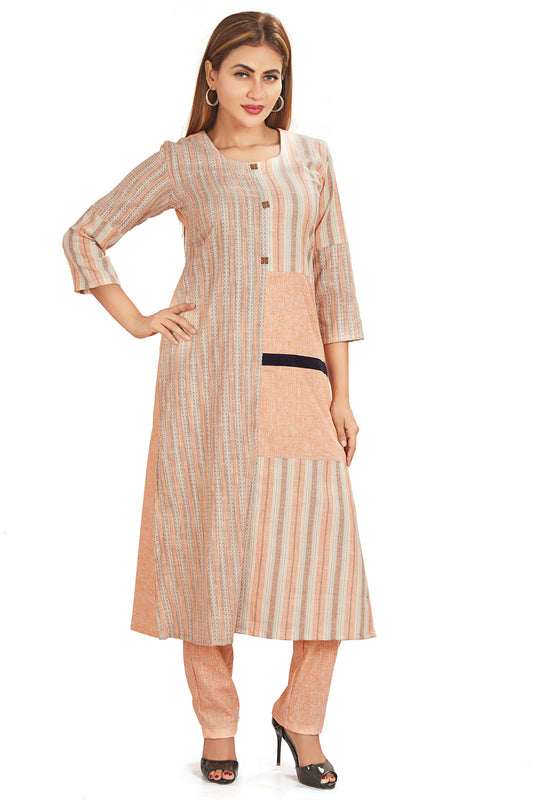Self Weave Kurti Set With Pant In Cotton Flex