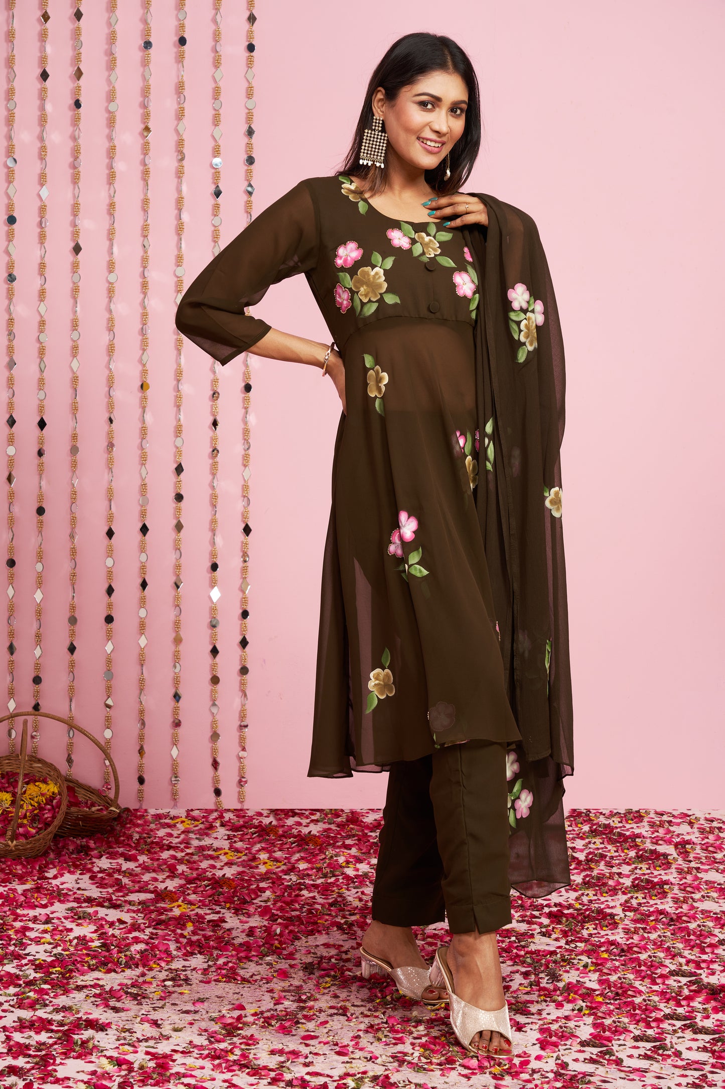 Floral Hand Painted Kurti Set With Dupatta