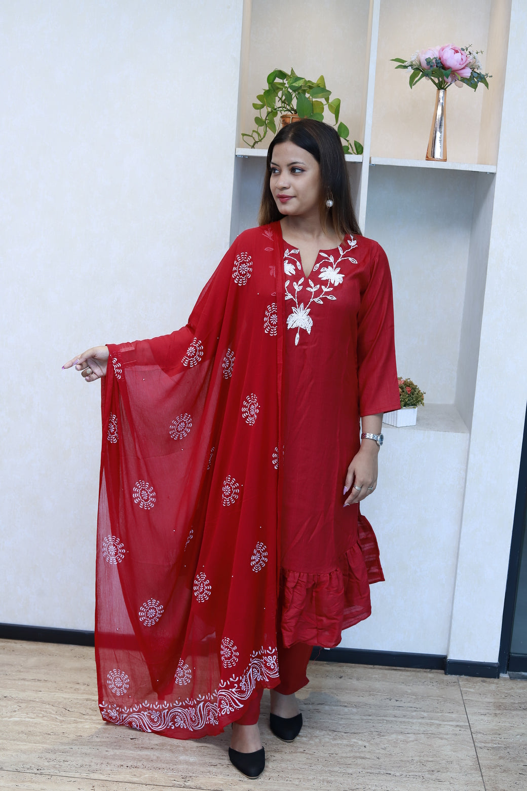 Frill Details Embroidered Kurti Set With Dupatta