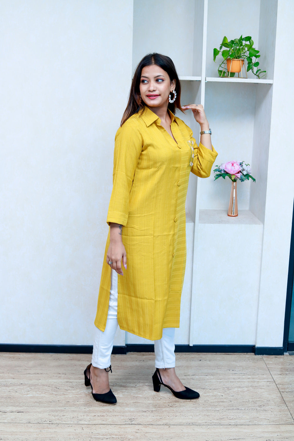 Shirt Style Kurti With Embroidered Pocket