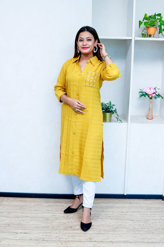 Shirt Style Kurti With Embroidered Pocket
