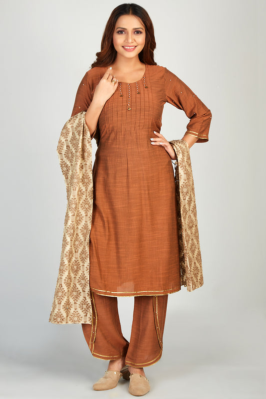 Pearl Detail Kurti Set With Embroidered Dupatta