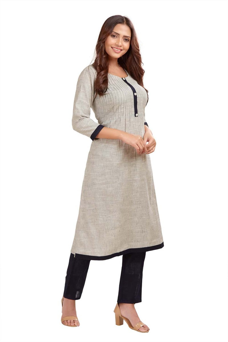 Plain Straight Kurti With Pant In Cotton Linen