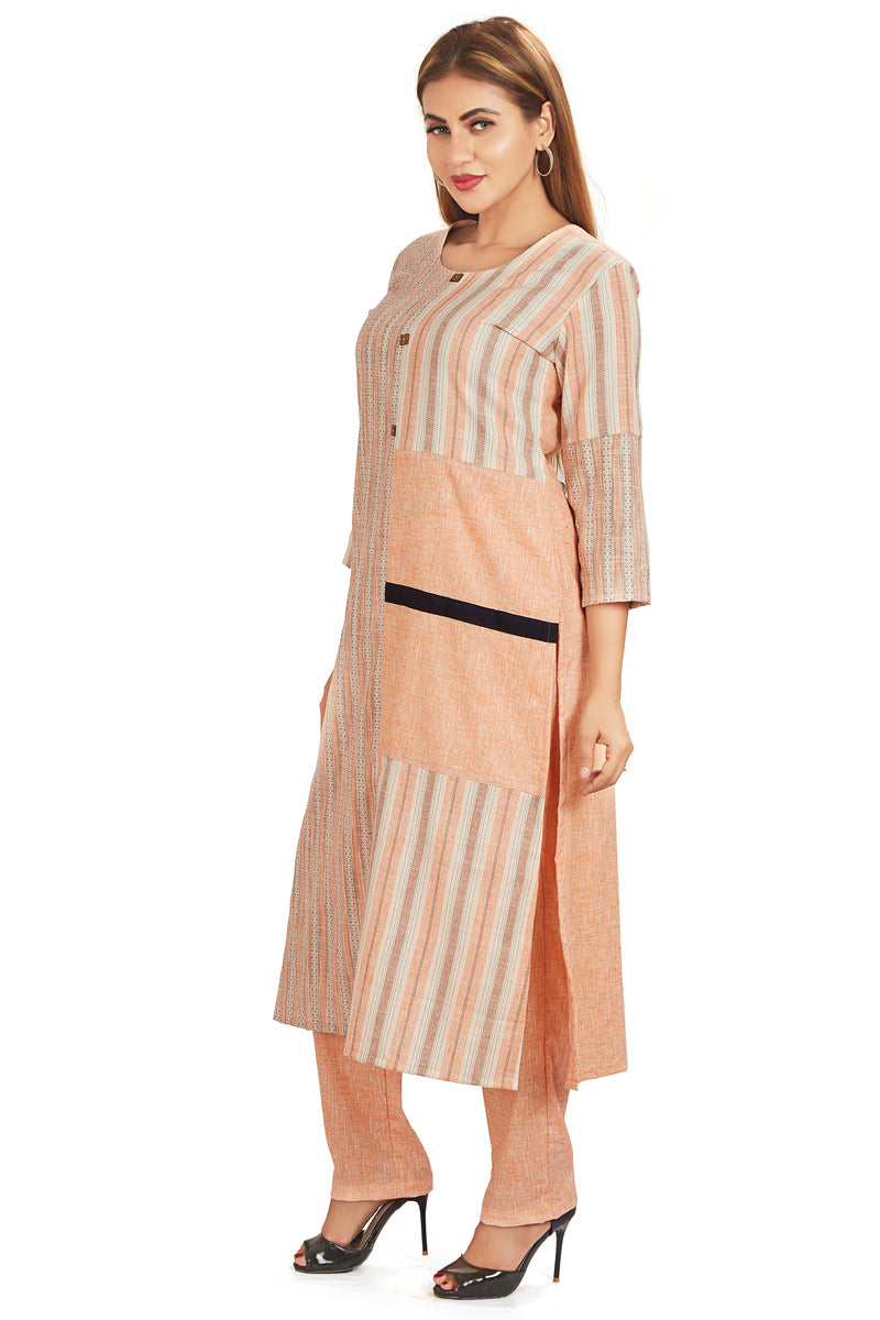 Self Weave Kurti Set With Pant In Cotton Flex