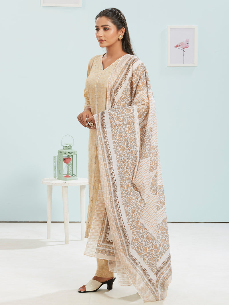 Cotton Linen Kurti Set With Printed Dupatta