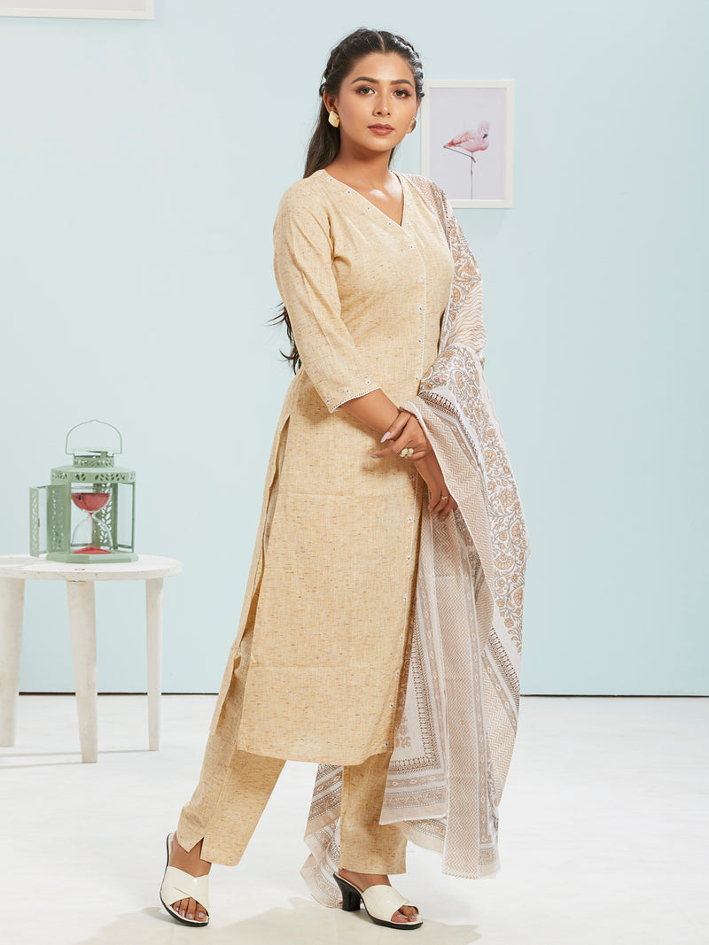 Cotton Linen Kurti Set With Printed Dupatta