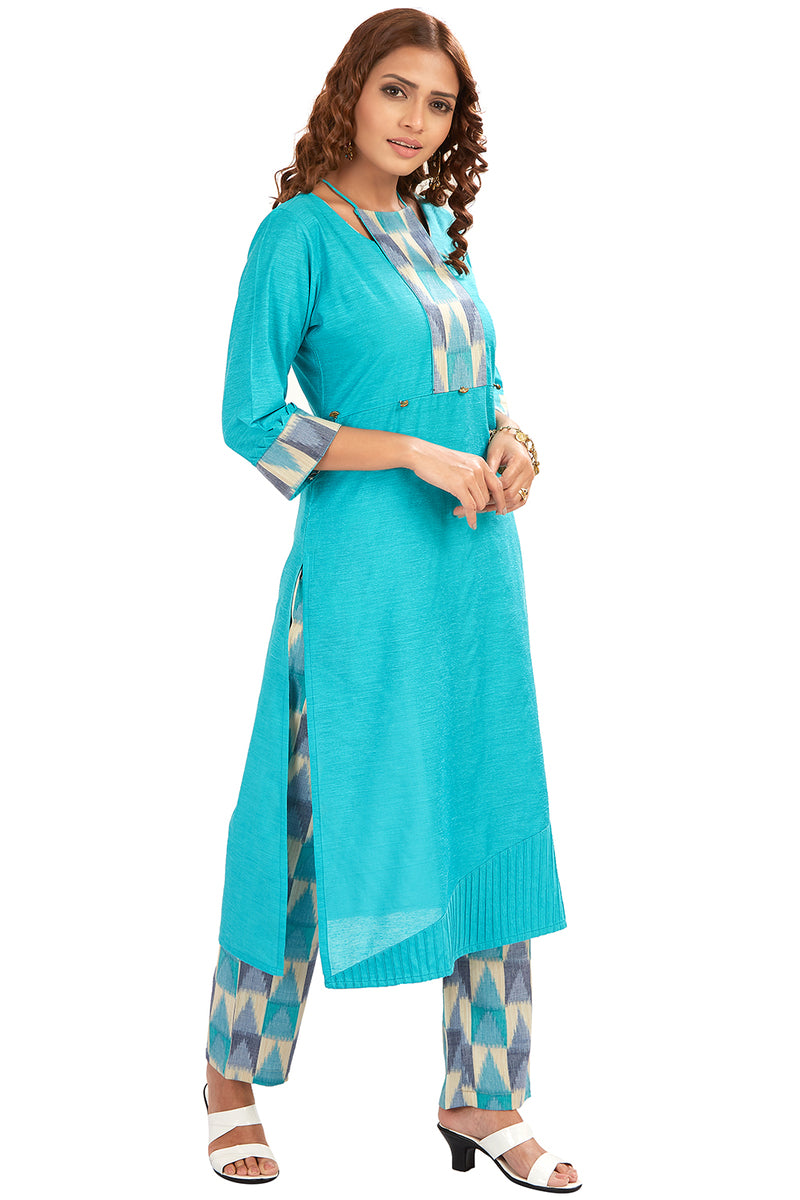 Bright Blue Cotton Slub Kurti With Ikkat Pants